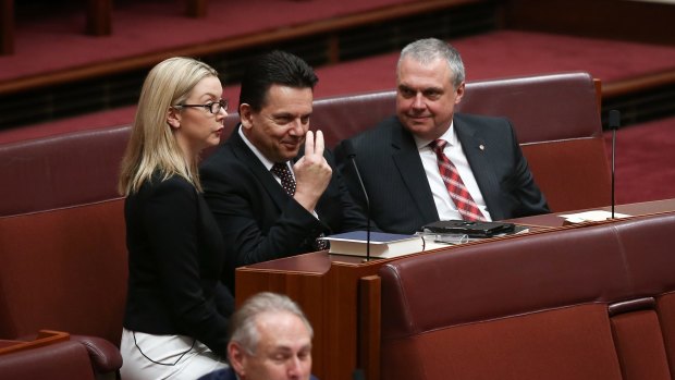 Not for turning: Senate kingmakers Nick Xenophon (centre), with senators Skye Kakoschke-Moore and Stirling Griff.