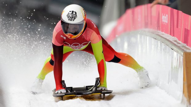 German Tina Hermann finishes her second run during the women's skeleton competition.