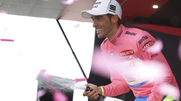 Alberto Contador (Tinkoff-Saxo) celebrates retaining the pink jersey after the 15th stage of the Giro d'Italia on Sunday. 