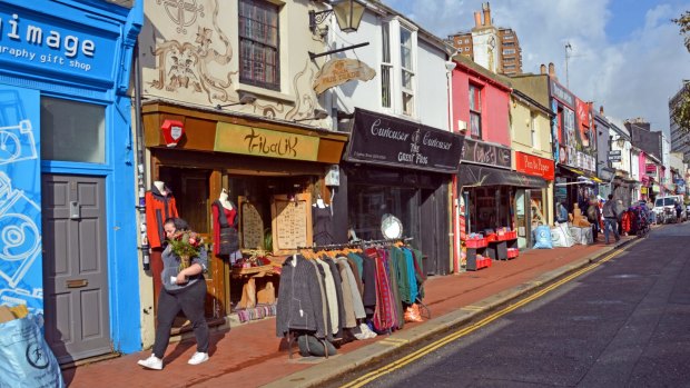 Brightly coloured shops in the famous North Laines district of Brighton.