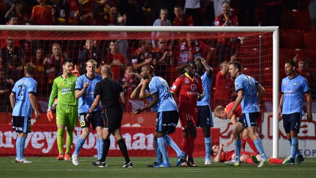 Late drama: Referee Strebre Delovski awards the decisive penalty to Adelaide United in injury time.