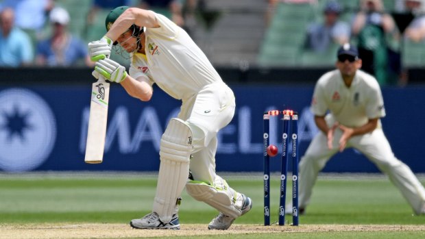 Cameron Bancroft has his middle stump moved at the MCG today.