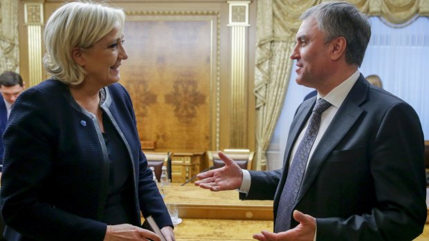 French far-right presidential candidate Marine Le Pen speaks with Vyacheslav Volodin – a key Putin aide.