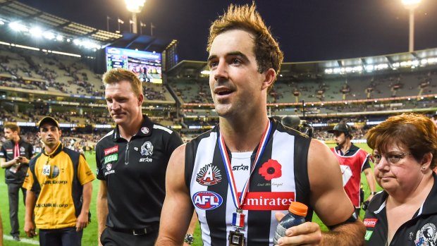 Anzac Medalist Steele Sidebottom leaves the ground after the big win over Essendon on Monday. 