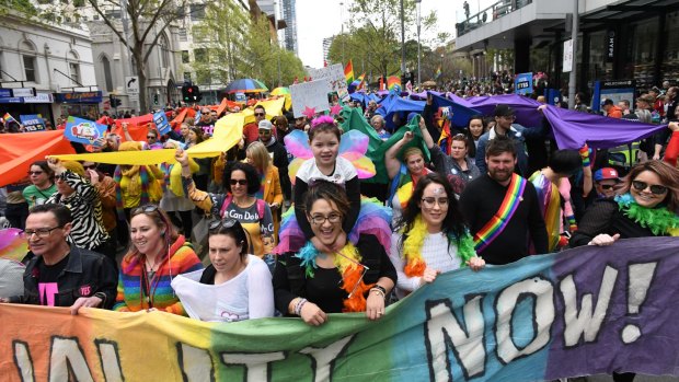 Same-sex marriage advocates call for a ''yes'' vote in Melbourne.