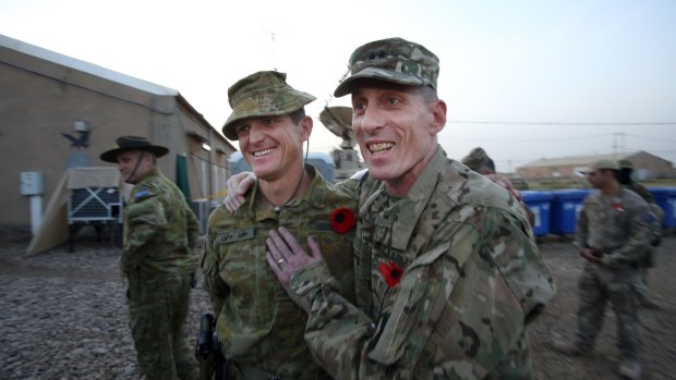 Australian soldiers have supported the US in every major war this century, and is the only nation to do so. Commander of our Iraq commitment, Colonel Gavin Keating, with the US Major General Gary J.Volesky, on ANZAC Day 2016.