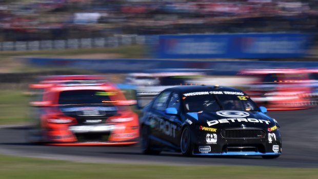 Top gear: Fabian Coulthard during race two at the Tasmania SuperSprint at Symmons Plains on Sunday.