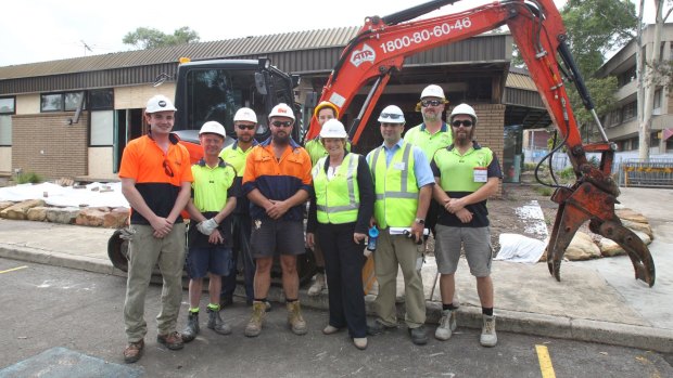 Health Minister Jillian Skinner, pictured with construction workers at Westmead Hospital, says Labor is "late to the party".