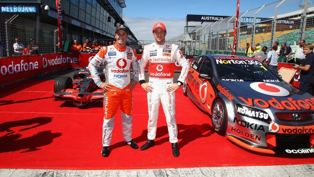 Uneasy alliance: V8s have long featured at the Melbourne Grand Prix, like here with Jenson Button and Jamie Whincup in 2010, but rarely for championship points.