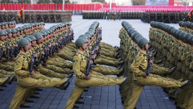 North Korean soldiers in historic uniforms march during a parade on the Kim Il Sung Square in October.