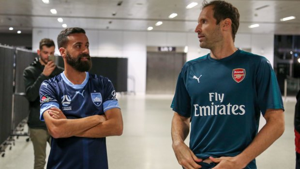 Global reach: Alex Brosque and Petr Cech, at the Puma kit launch for Sydney FC and Arsenal. 