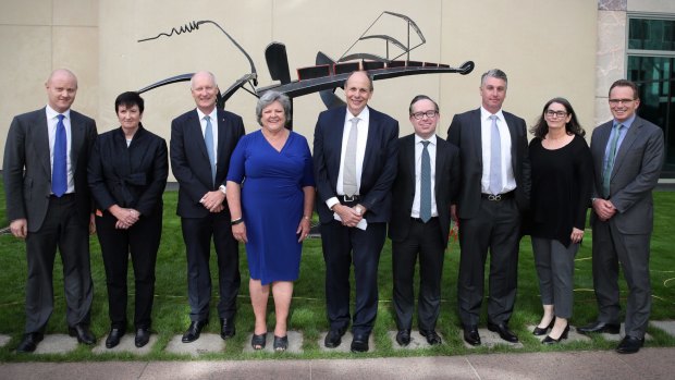 The Business Council of Australia, from left: Ian Narev, Jennifer Westacott, Richard Goyder, Joanne Farrell (not on board), Grant King, Alan Joyce, Brent Eastwood (not on board), Catherine Tanna and Andrew Mackenzie at Parliament House.