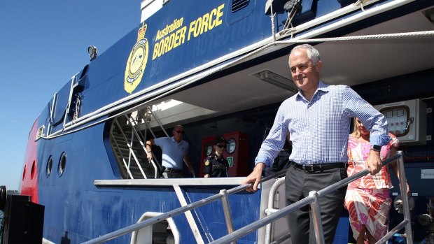 Prime Minister Malcolm Turnbull visits Border Force patrol boat the Cape Jervis patrol boat in Darwin on Tuesday. 
