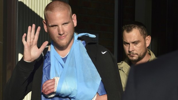 US serviceman Spencer Stone departs the Clinique Lille Sud in Lesquin, France,  after treatment for his hand injury.