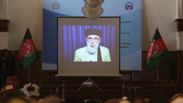 Gulbuddin Hekmatyar addresses the treaty signing in September last year by video link.