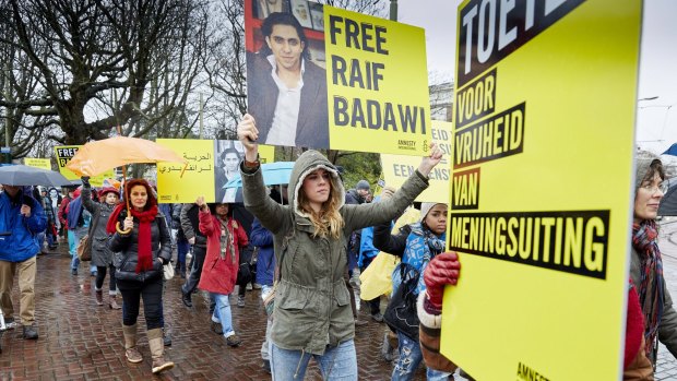 A protest by Amnesty International in support of Raif Badawi in front of the Saudi Embassy in The Hague on January 15.
