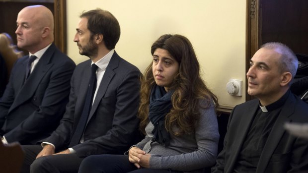 From right: Spanish Monsignor Angel Lucio Vallejo Balda , Italian laywoman Francesca Chaouqui and journalists Emiliano Fittipaldi and Gianluigi Nuzzi on trial in the Vatican over the leaking and publication of secret documents that revealed waste, greed and mismanagement at the highest levels of the Roman Catholic Church.