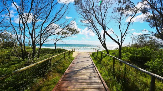 Wooden boardwalk beach access point at Broadbeach, Gold Coast, Queensland.