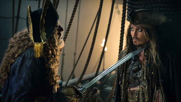 Geoffrey Rush as Barbossa, left, opposite Johnny Depp's Captain Jack Sparrow in Pirates of the Caribbean: Dead Men Tell No Tales.