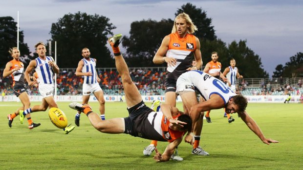 Bruising affair: Matthew Kennedy of the Giants is challenged by Jarrad Waite of the Kangaroos.