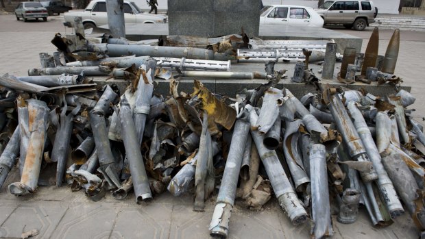 Debris of missiles, shells and rockets fired by Ukrainian forces on the frontline city of Pervomaisk, in  eastern Ukraine, on Tuesday. 