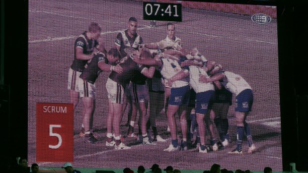 The scrum shot clock is shown on the stadium screen during the NRL match between Manly and the Canterbury Bulldogs at Brookvale Oval.