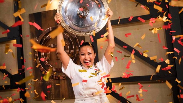 Diana Chan celebrates her victory during the 2017 <i>MasterChef</i> grand final.