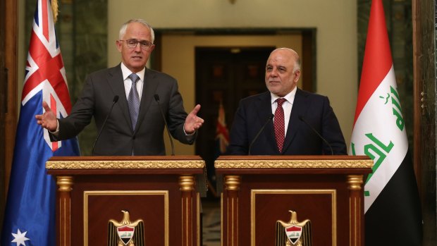 Prime Minister Malcolm Turnbull and Iraqi Prime Minister Haider al-Abadi  in Baghdad in January.  