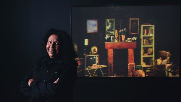Melbourne artist Maree Clarke with her photographic hologram Made from Memory (Nan's House).