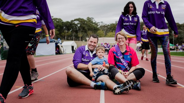 Canberrans participate in the 2017 Relay For Life, with funds going towards Cancer Council ACT. Ben Robets and his wife Romy Collier with their son Dean 3-years old. Romy was diagnosed with breast cancer in 2014, and is now in remission. 