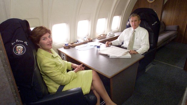 US President George W. Bush and first lady Laura Bush on board the plane in August 2001, shortly before it was retired.
