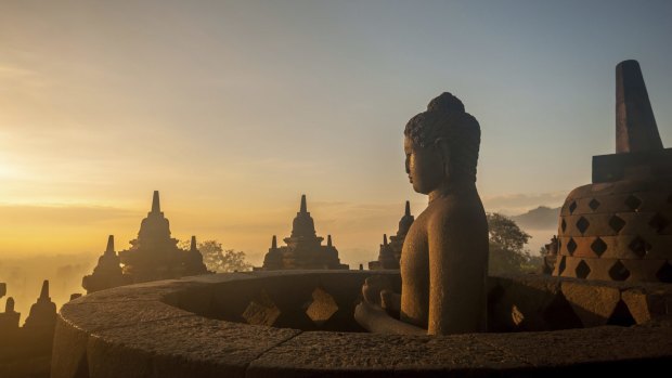 Borobudur Temple at sunrise, Yogyakarta, Java, Indonesia. 