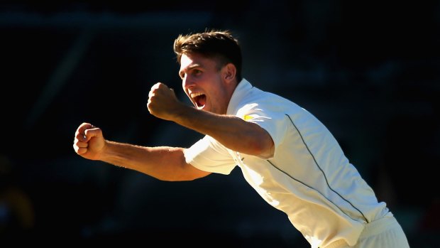 MELBOURNE, AUSTRALIA - DECEMBER 29:  Mitch Marsh of Australia celebrates getting the final wicket and winning the match during day four of the Second Test match between Australia and the West Indies at Melbourne Cricket Ground on December 29, 2015 in Melbourne, Australia.  (Photo by Quinn Rooney/Getty Images)