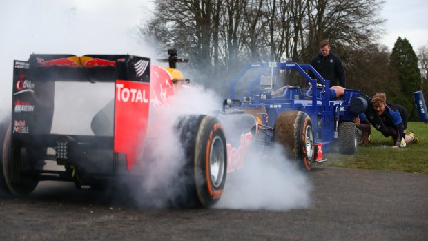 Burning rubber: RIcciardo puts the pedal to the metal in the stunt.