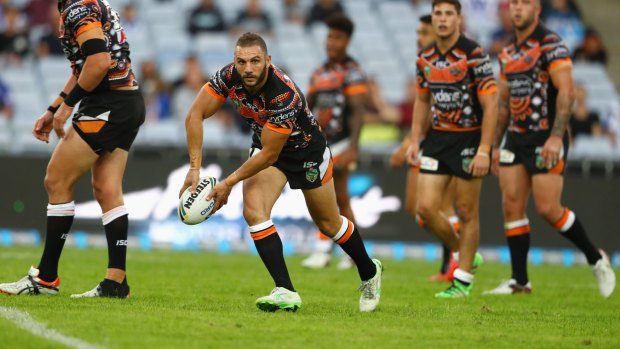 Match cut short: Robbie Farah passes during the round 10 NRL match between the Wests Tigers and the Canterbury Bulldogs at ANZ Stadium.