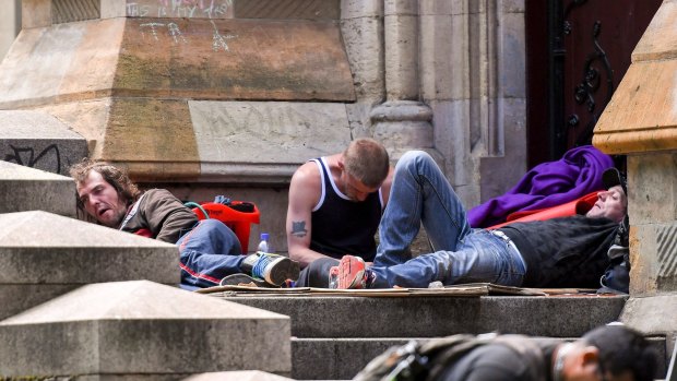 Some of  the homeless people from Flinders Street were camped at St Paul's Cathedral last month. 