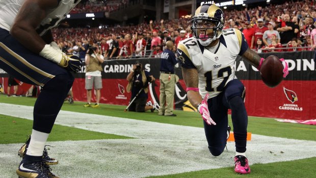 Shot: Wide receiver Stedman Bailey celebrates his touchdown during the game against the Arizona Cardinals at the University of Phoenix Stadium on October 4, 2015.