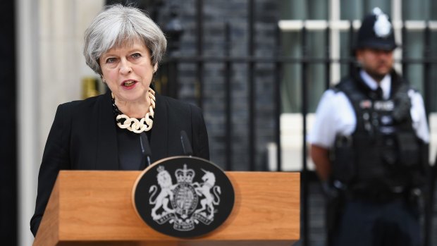 Britain's Prime Minister, Theresa May, addresses the media following the London Bridge terror attack.