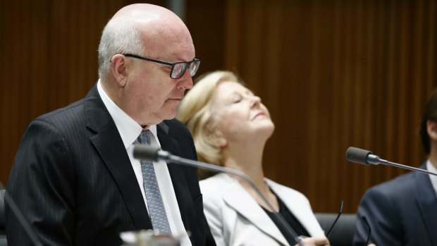 Attorney-General Senator George Brandis and Australian Human Rights Commission President Professor Gillian Triggs during a Senate estimates hearing at Parliament House in Canberra on Tuesday.