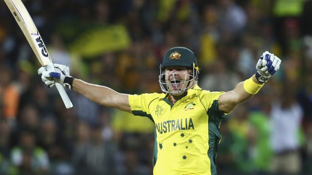Playing on in the shorter forms: Shane Watson celebrates after Australia defeated Pakistan to enter the World Cup semi-finals.