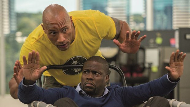 On top ... Dwayne Johnson with Kevin Hart in <i>Central Intelligence</i>.