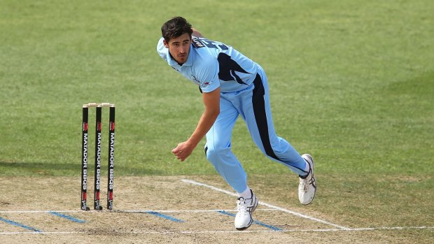 Express delivery: Mitchell Starc bowls during the Matador Cup match between NSW and South Australia at North Sydney Oval.