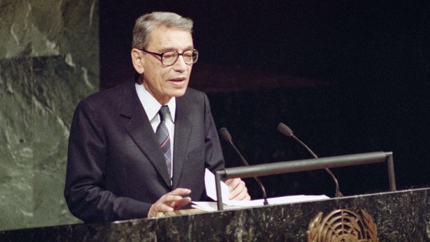 Egyptian Boutros Boutros-Ghali addresses the United Nations General Assembly after being sworn in as the US Secretary-General in United Nations in 1991.