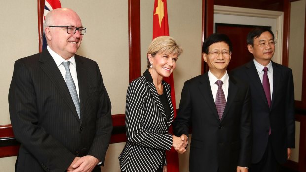 Attorney-General George Brandis and Foreign Minister Julie Bishop with  Meng Jianzhu, Secretary of China's Central Political and Legal Affairs Commission, in Sydney in April, at the first ever high-level talks on security between the two countries.