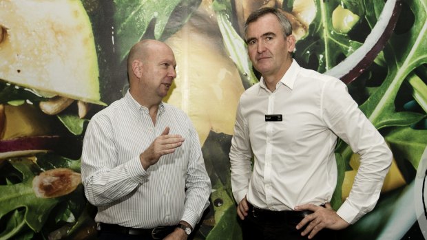 Newly appointed Woolworths chief executive  Brad Banducci, right, with company chairman Gordon Cairns  in a food store at the company headquarters in Bella Vista.
