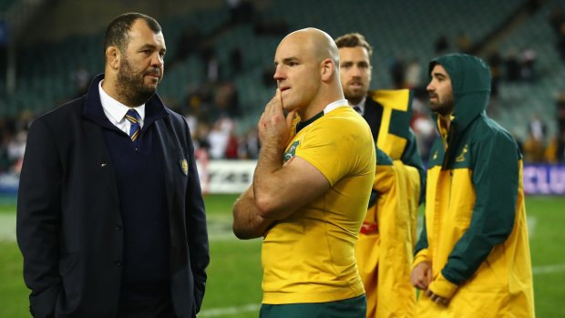 Time to regroup: Michael Cheika and Stephen Moore in Sydney after the 3-0 series loss to England.