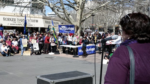 Unions ACT secretary Kim Sattler addresses the March Australia rally.