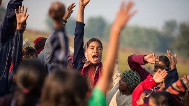 Girls gather at soccer training provided by the non-governmental organisation YUWA in Jahrkhand, India.