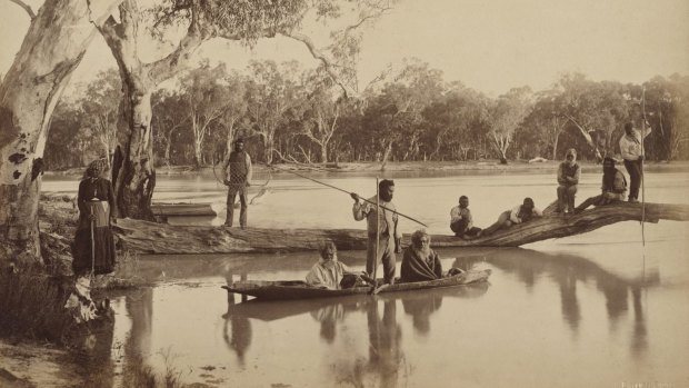 In this 1886 picture by Charles Bayliss, a group of indigenous men are arranged into a graceful composition that nevertheless preserves the precise details of their lives as a frozen moment on the Murray.