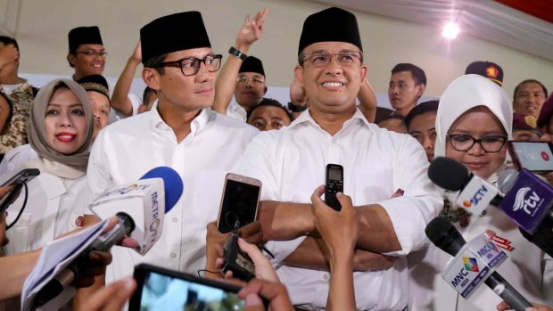 The leader of the Gerindra party Prabowo Subianto with Jakarta gubernatorial candidate Anies Baswedan and vice governor Sandiaga Uno last week.